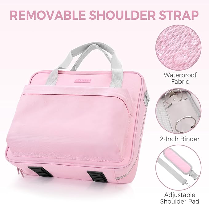 Zipper Binder 3 Ring with Shoulder Strap and Handle, Pink 2 Inch 3 Ring Binder with Zipper, Extra Pockets Holds 500 Sheets, Waterproof Trapper Keeper for Middle School & Work Organizer