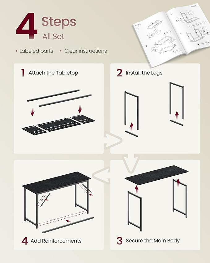 VASAGLE Computer Desk, Office Work Desk, 55.1 x 19.7 x 29.9 Inches | For Study, Bedroom, Home Office, Living Room, Ebony Black and Black ULWD214B101