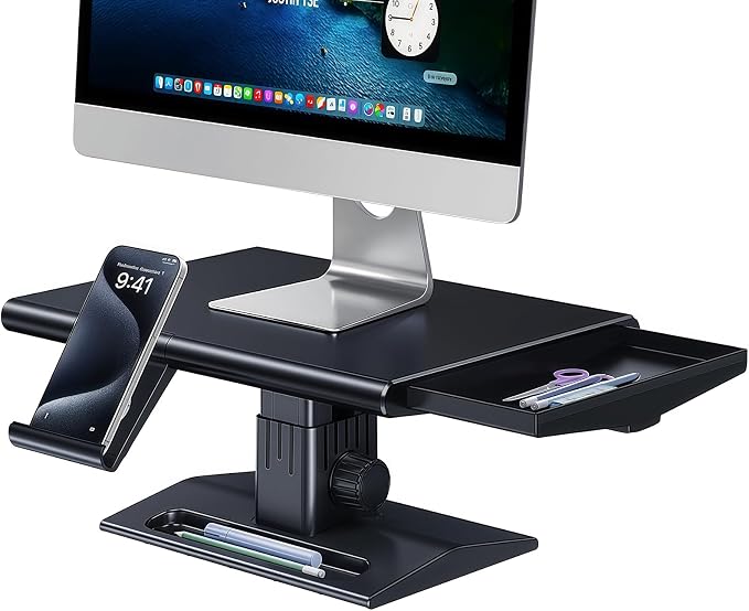Ergonomic Height Adjustable Monitor Stand Riser,with Hidden Drawer | Knob Height Adjustment, Desktop Organizer for Home & Office Workspace, with Phone Holder & Pen Slot