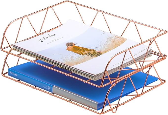 2 Packs Desktop File Organizer Metal Stackable Horizontal Letter Tray Paper Holder Rack, Rose Gold