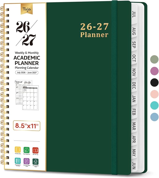 Taja Planner 2026-2027, 8.5" x 11" Calendar Planner, Jul 2026-Jun 2027 | A4 Hardcover Weekly & Monthly Academic Planner, Large Planning Agenda With Tabs, School & Office Supplies, Dark Green