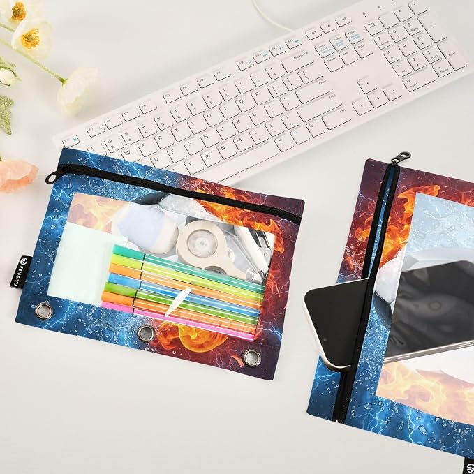 Soccer Ball Football Fire Water Pencil Pouch for 3 Ring Binder, 2 Pack Waterproof Pencil Bags Clear Window Pencil Case Zipper School Office Supplies