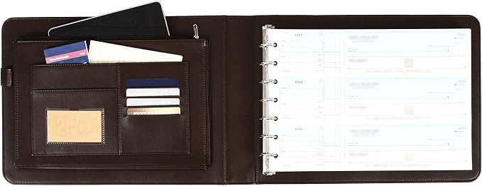 2Fold Business Check Binder 7 Ring for 3-Up Business Size Checks with Extra Business Card Case - PU Leather Deluxe 7 Ring Checkbook Binder Portfolio with 600 Check Capacity and Storage