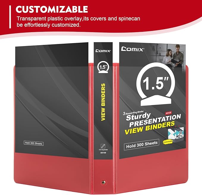 COMIX Sturdy 1.5 Inch 3 Ring Binder with Clear View Cover | 1.5"Heavy Duty Round Ring,PVC-Free Board,Holds 300 Letter Sheets,Wholesale for Offices & Classrooms,6 Pack (Red)
