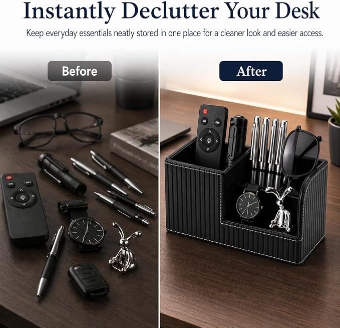 Desk Pen Organizer Office Supplies Caddy Pu Leather Multi-function Storage Box Pen/Pencil,Cell phone, Business Name Cards Remote Control Holder (Black)