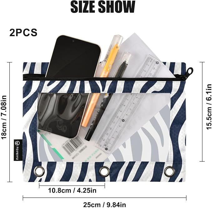 Blue White Zebra Print Pencil Pouch for 3 Ring Binder, 2 Pack Waterproof Pencil Bags Clear Window Pencil Case Zipper School Office Supplies