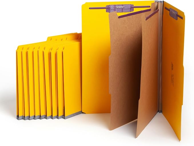 Smead Pressboard Legal Size File Folders with SafeSHIELD Fasteners, 2 Dividers, 2" Expansion, Office Folders, Paper Holder, Yellow, 10 per Box (19034)