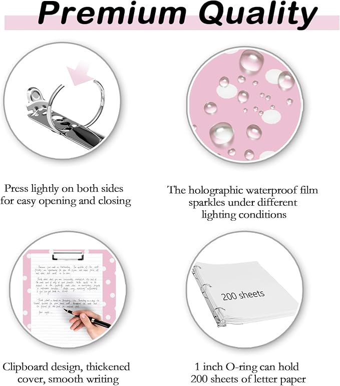 3 Ring Binder 1 inch with Clipboard - Pink Polka Dot Design, Includes Dividers, File Bag & Spine Label - Fun and Functional for School or Office, Holographic Waterproof Film