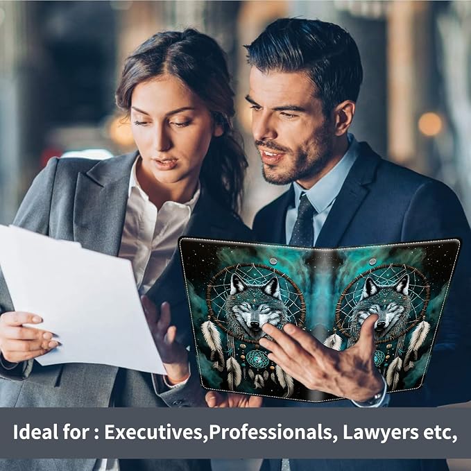 Padfolio/Portfolio Folder Clipboard,Padfolio Clipboard,Writing Portfolio Leather with Cover for Card Holder Slot Letter Size A4 for Office Conference Notepad Clip Boards,Dream Catcher Wolf