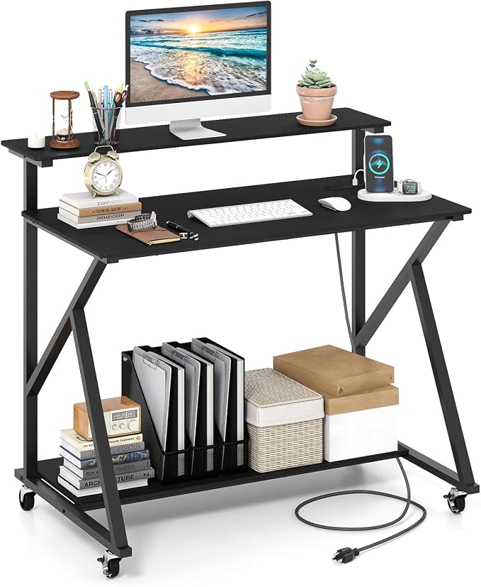Giantex Rolling Computer Desk with Charging Station, Mobile Portable Laptop Desk with Monitor Stand & Storage Shelf, Small Desk with Lockable Wheels for Small Spaces, Home Office (Black)