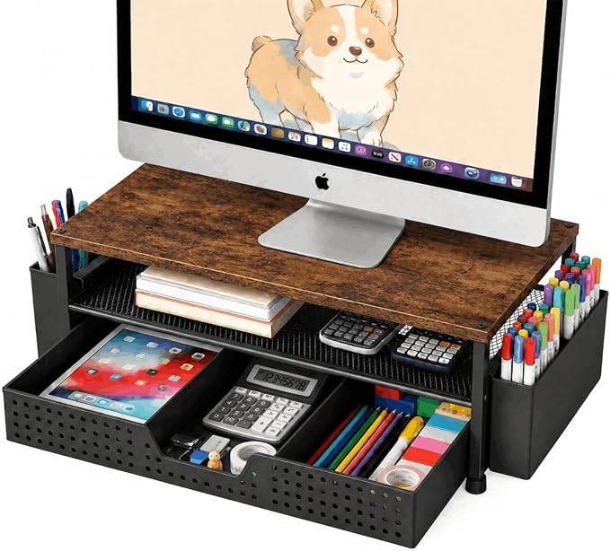 ECOLOVI Desk Organizer and Accessories, 2-Tier Computer Monitor Stand Rise with Storage Drawer & 2 Pen Holders, Laptop & Printer Stand for Desktop, Workspace Organizers for Office Supplies (Brown)