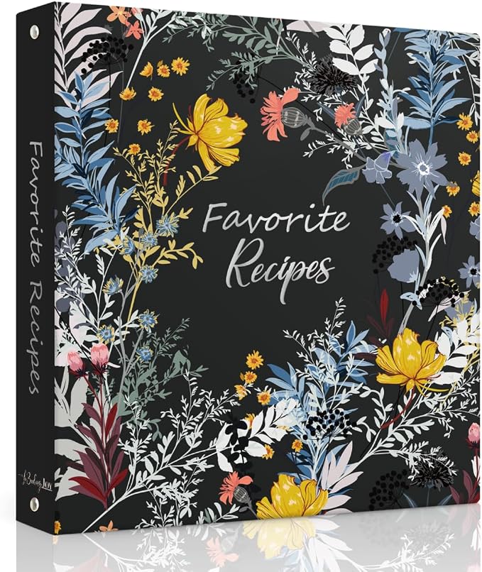Recipe Binder 8.5x11 3 Ring with Plastic Sleeves, Blank Recipe Book Binder | Waterproof recipe binder 8.5x11 with plastic sleeves, recipe cards and gift box to make your own cookbook(Blossom).