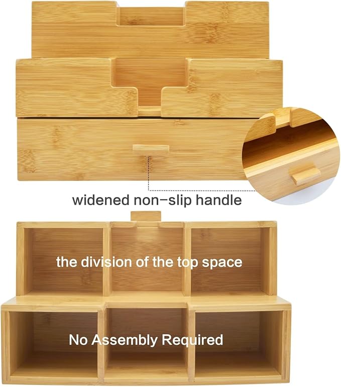 Bamboo Desk Organizer - Countertop Drawers Organizer Tabletop Storage Organization Makeup & Pen Storage with Drawer & Pencil Holder for Office Organization