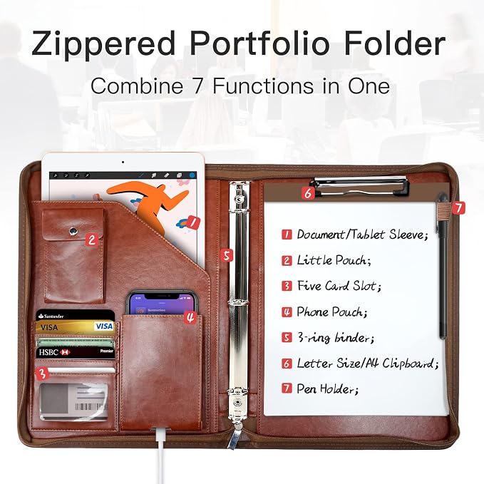 WRIYES Zippered Portfolio Organizer with 3 Ring Binder, Brown | Leather Padfolio, Professional Business Binder, Organizer for IPad/Document, Phone & Business Cards