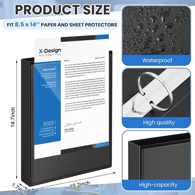 Henoyso 4 Pcs 1" Legal Size PP Plastic Binders with View Cover, Durable 3 Ring Black Binders for 8.5" x 14" Paper, Hold up to 175 Sheets for Documents, Office, Home, Work Places