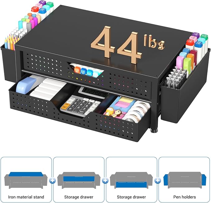 Desk Organizer and Accessories, 2-Tier Computer Monitor Stand Riser with 2 Drawer and 2 Pen Holders, Laptop Stand, Office Desk Accessories for Office Supplies, Black Plastic
