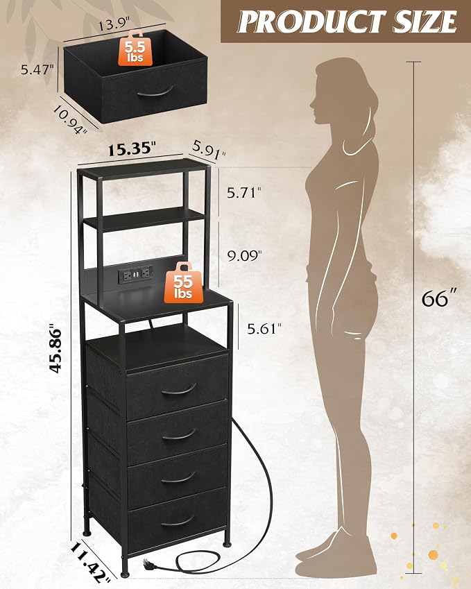 WLIVE Tall Nightstand with Charging Station, LED Night Stand with 4 Drawers and Storage Open Shelves, Fabric Dresser for Bedroom, Office, Black