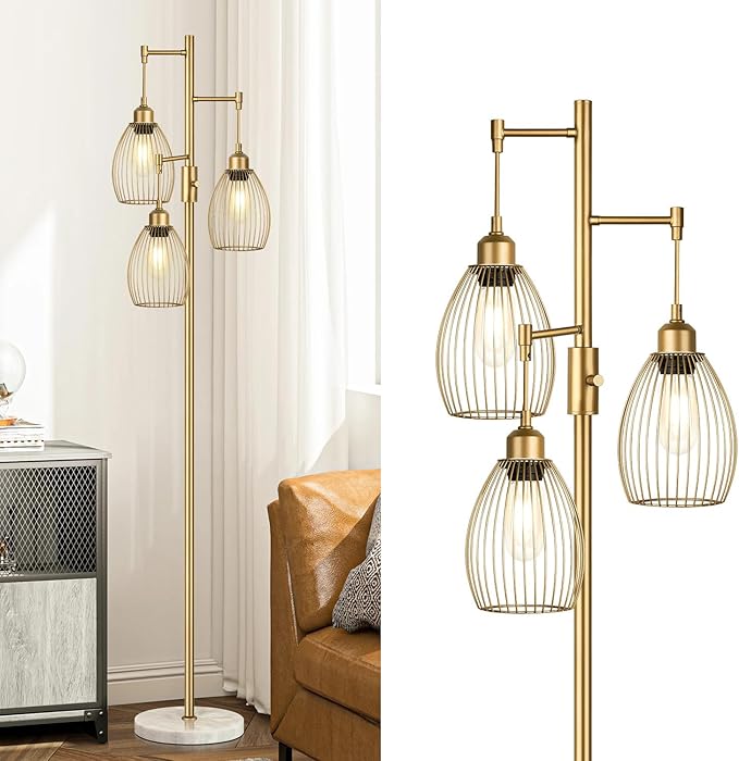 Torondo Dimmable Floor Lamps for Living Room, Industrial Standing Lamp with Marble Base, Gold Tree Tall Pole Light with 3 Elegant Teardrop Cage Head & 800 Lumens LED Bulbs for Bedroom Office