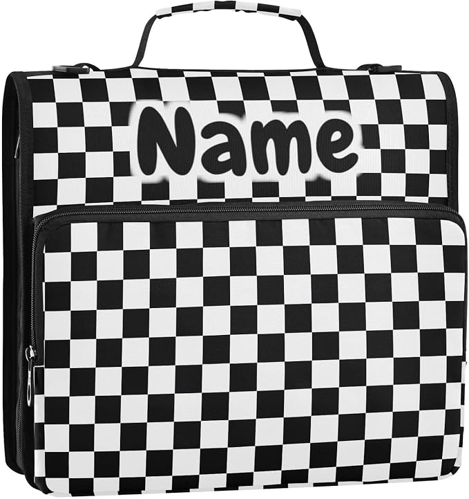 Custom Black White Checkered Pattern 3 Ring Binder Bag 1.5 inch Personalized Name Binder Organizer 500 Sheet Documents Storage for School Office
