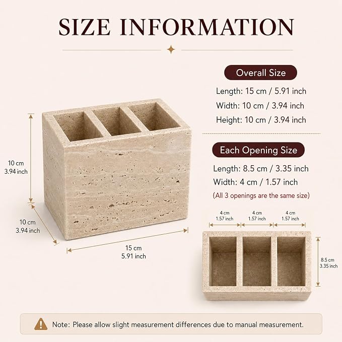 Travertine Desk Organizer, 3 Compartment Pencil Holder | for Pens, Makeup Brushes, Office Supplies and Bathroom Counter Decor, 5.91 x 3.94 x 3.94 in