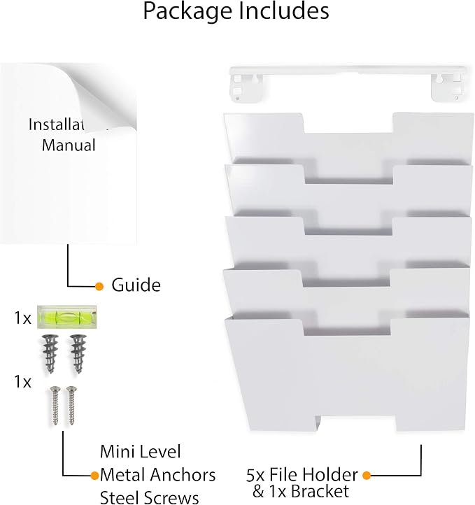 Wallniture Lisbon Metal Wall File Holder Organizer, Wall Mount File Holder, 5-Tier Office Decor and Magazine Holder, File Folders Letter Size White Rack