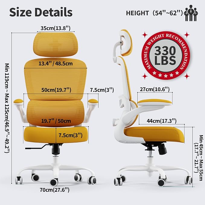 TRALT Office Chair Ergonomic Desk Chair - Gaming Chair with Lumbar Support | 330 LBS Home Office Desk Chairs with Headrest, Reading Chair with Flip-up Armrests, Comfortable Computer Chairs (1, Yellow)