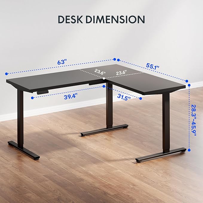 FLEXISPOT L Shaped Standing Desk, 63 x 55 Inch Electric Height Adjustable Corner Desk, Sit Stand Computer Workstation, Preset Controller, Home Office, Black Frame with Black Top