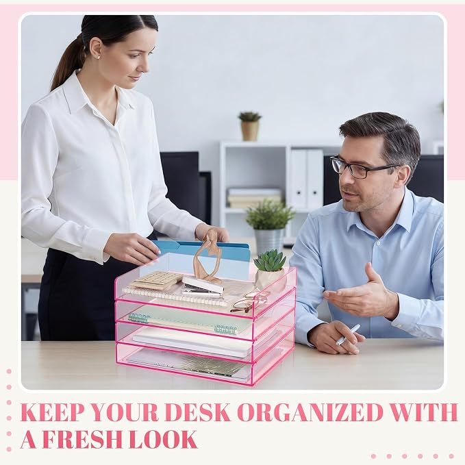 Harloon 4 Tier Clear Hot Pink Acrylic Paper Organizer Letter Tray, Aesthetic Stackable Low Profile Desk File Organizer Modern Heavy Duty Paper Holder Tray for A4, Office Home File Pad Books Notes