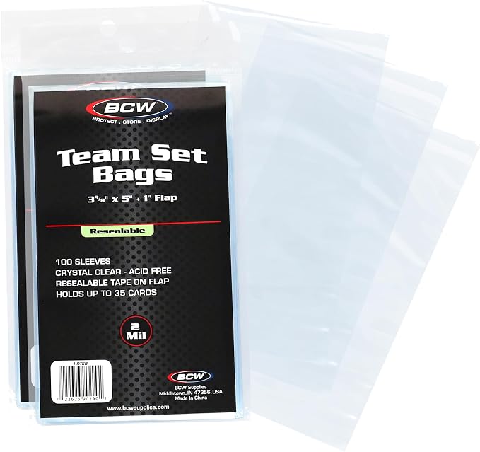 BCW Resealable Team Set Bags, Holds 35 Cards or 5 Toploaders, 200 Count | Holds up to 35 loose cards, 5 standard 35 pt toploaders, or magnetics up to 108 pt with an adhesive flap closure.