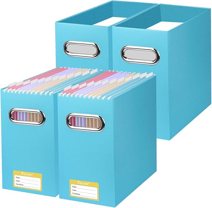 BALEINE 4PK File Organizer Box, Cardboard File Folder Organizer with Handle | Strong Corrugated Paper Core, Label Stickers for Identification, Hanging File Folder Organizer, Home Office Document Storage