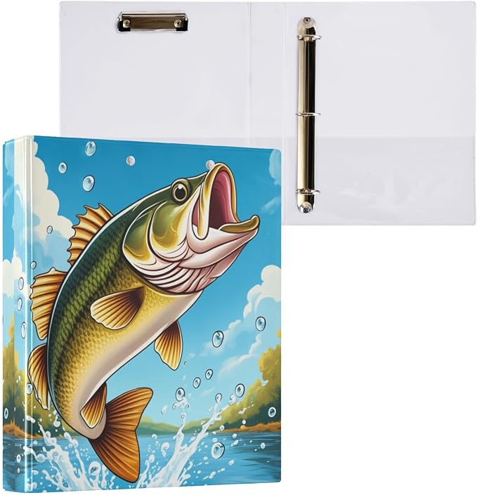 Aslsiy Kids 3 Ring Binder 1.5 Inch Open Mouthed Bass Fish Jumping (3) Girls Round Clipboard Binder Decorative Harcover Binders Organizer for Office School Supply