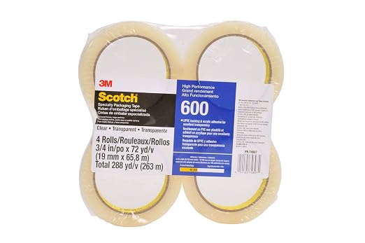 3M Scotch Light Duty Packaging Tape 600, Clear, 3/4 in x 72 yd