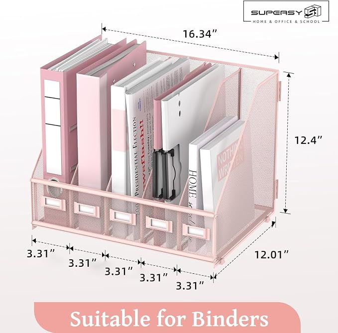 Desk Organizers Metal Desk Magazine File Holder with 5 Vertical Compartments Rack File Organizer for Office Desktop, Classroom, Home Workspace, Pink Plus