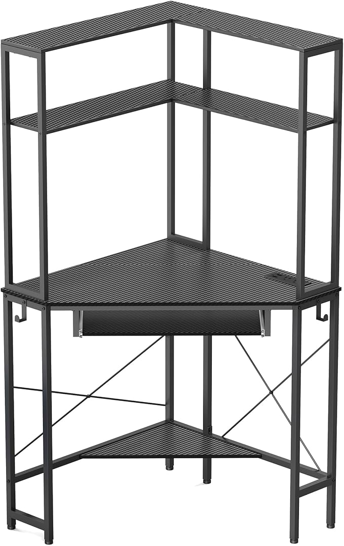 Corner Desk with Hutch and LED Light, Keyboard Tray, Carbon Black