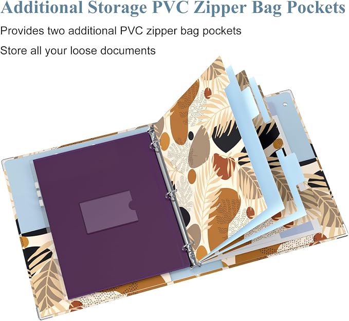 3 Ring Binder, 1 Inches Round Ring Binder with Clipboard, Dividers Tabs, PVC Zipper Bag Sleeves & to Do List Planners for Women, Men, School, Office Supplies, Modern Leaves