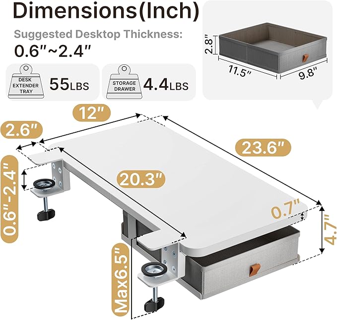 Desk Extender Tray, 24" x 12", with Storage Drawer, Medium, White | Desk Extension, Clamp on Desk Shelf, Clamp on Keyboard Tray for Office and Home, Workstation Organizer