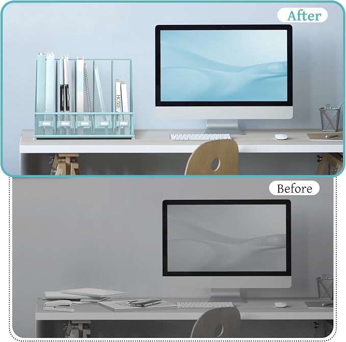 Desk Organizers Metal Desk Magazine File Holder with 5 Vertical Compartments Rack File Organizer for Office Desktop, Classroom, Home Workspace, Blue