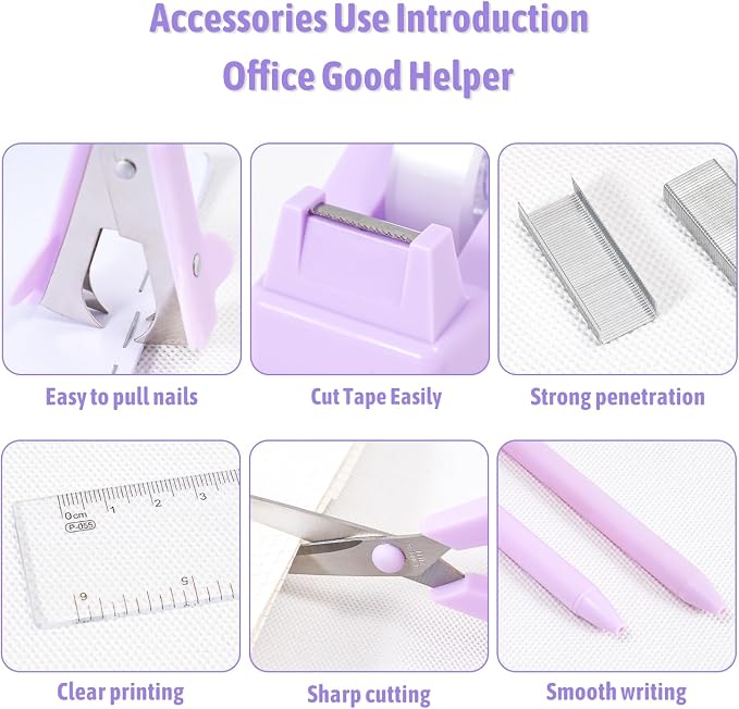 Gawsey Purple Desk Organizers and Accessories with Desk Organizer 360° Rotating Pen Holder and Office Supplies, Cute Stationery Supplies Set