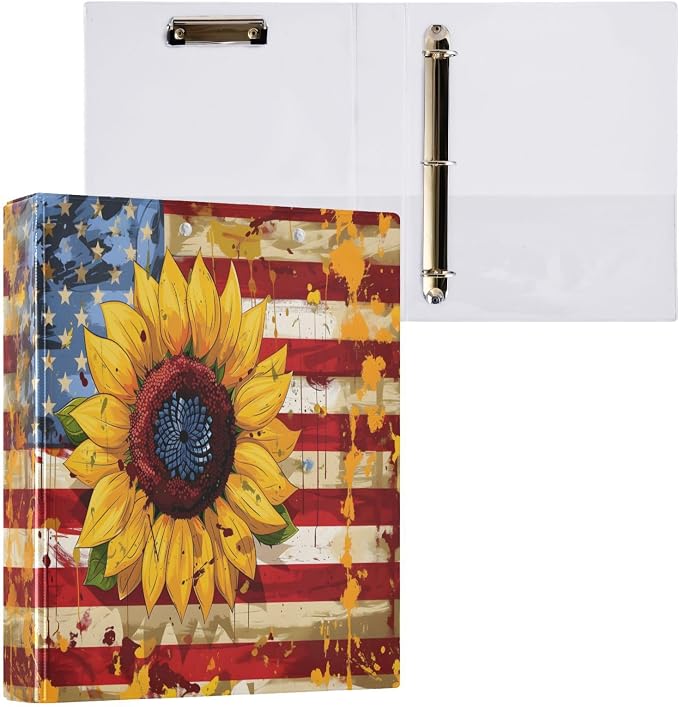ALAZA 3 Ring Binder USA Flag Patriotic Sunflower Clipboard Round Ring Binder Holds 1.5 Inch Three Ring Binder Heavy Duty Ring Binders for School Office Supplies, 1Pack