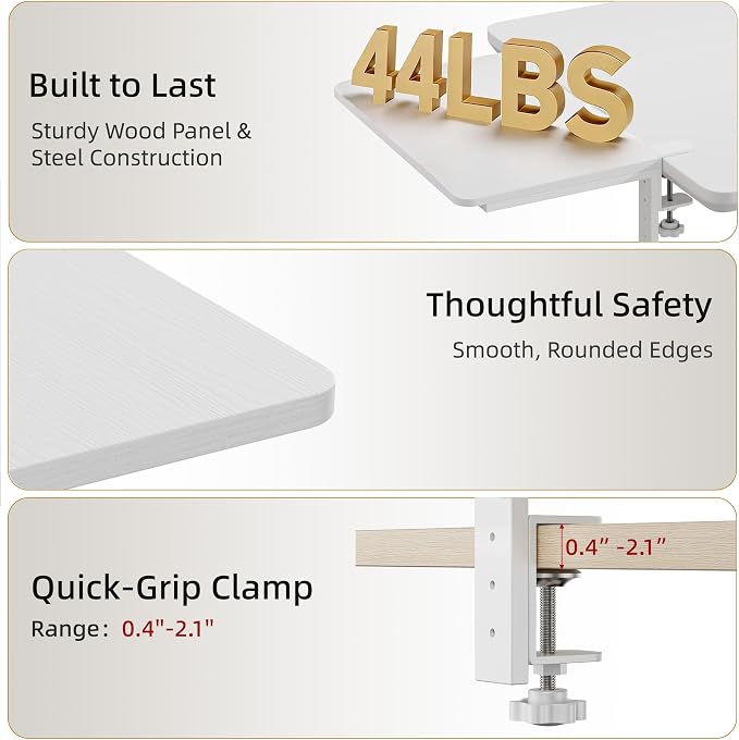 Desk Extender, 15-inch Clamp-On Desk Shelf, Height-Adjustable Desktop Shelf Organizer for Monitors Office and Gaming Accessories, Arm Support Table Extension, 44lbs Heavy Duty, White