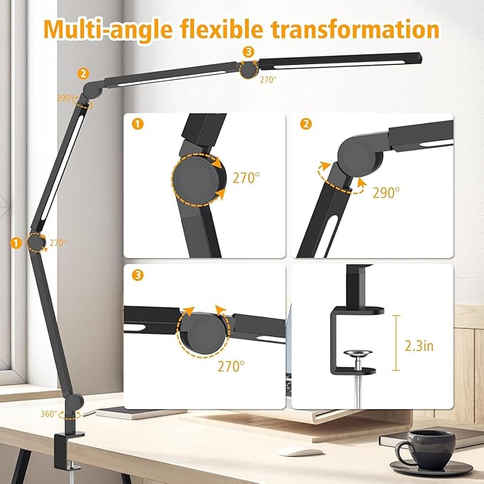 AILBTON Bright LED Desk Lamp with Clamp,Eye Caring Architect Led Desk Lights with Adjustable Swing Arm for Office Home,Dimming and Tempering Led Table Light
