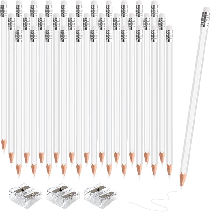 36 PCS White Colored Pencils with Eraser Pre Sharpened Pencil 2 HB - Ideal for Checking, Grading, Tests & Office/School Supplies (White)
