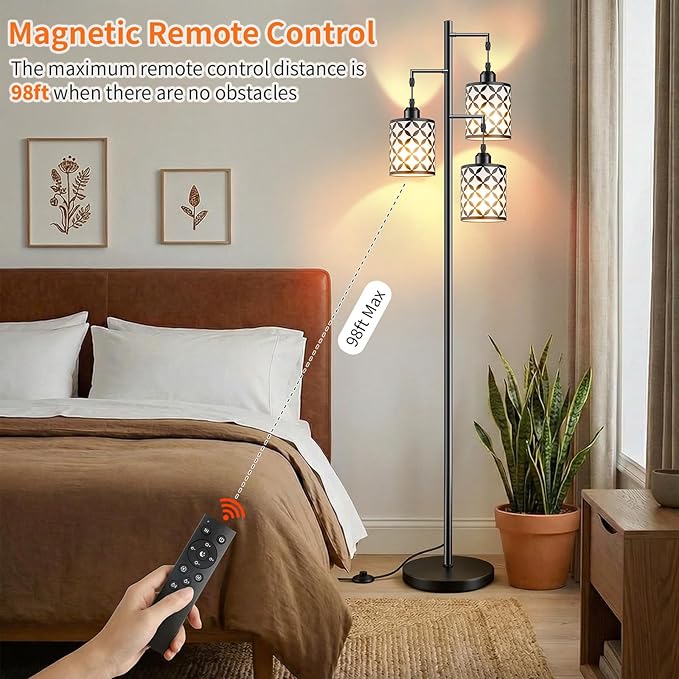 Dimmable Floor Lamp, Farmhouse Standing Lamp with Elegant Metal Cage, Industrial Tall Tree Floor Lamps for Living Room Bedroom Study Office with Remote & 3 x 1100LM 12W LED Bulbs, 72" Black