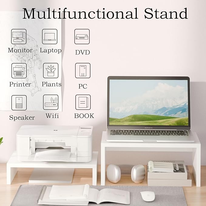 TEAMIX 2-Pack White Monitor & Laptop Stand Riser, High-Low Dual Monitor Set | Stacked/Separate Use, Adjustable Computer Stand for 2 Monitors, Holds 80Lbs, Wood Desk Organizer, for Home Office, Gaming