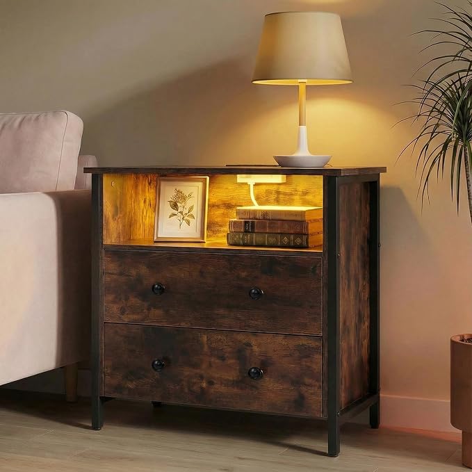 27 Inch LED Nightstand with Charging Station, 2 Drawers, Retro | RGB App Control, 2 AC Outlets & 2 USB Ports, Open Storage, Adjustable Feet, Wood Tall Nightstand for Bedroom or Office
