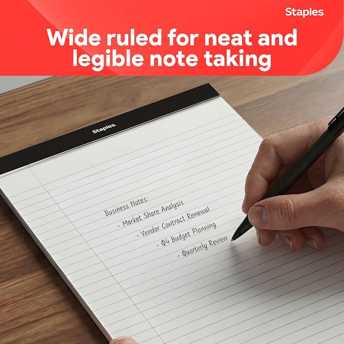 STAPLES Legal Pads, 8.5” x 11”, Wide Ruled, Perforated, 50 Sheets/Pad, 12‑Pack