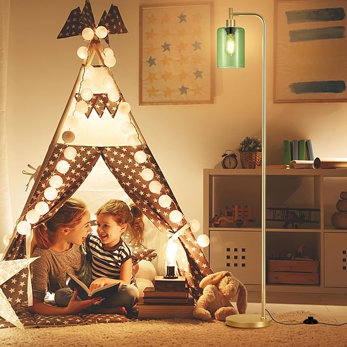 Ziisee Floor Lamps for Living Room - Industrial Standing Lamp with Green Glass Shade, Modern Gold Floor Lamp with LED Bulbs, Farmhouse Floor Lamp for Bedroom, Tall Lamp for Office