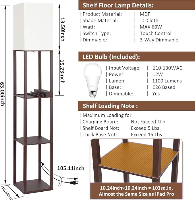 Floor Lamp with Shelves Touch Control Charging USB Type C Brown | 3-Tier Modern Square Bookshelf Lamp, Corner Standing Light with Power Outlet Dimmable LED for Living Room Bedroom Office