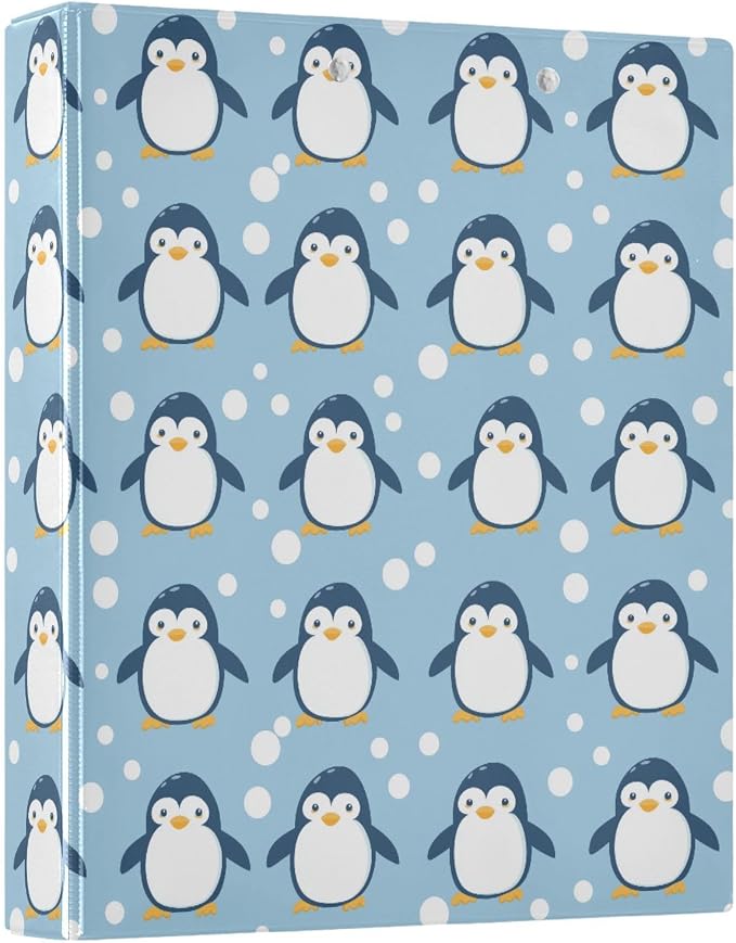Penguin Cute Round Ring Binder for Recipe Budge Storage Organizer, Printed D Ring 1.5 Inch Binders for Office Work School Aesthetic Binder with Clear Pocket Non-Slip Clip