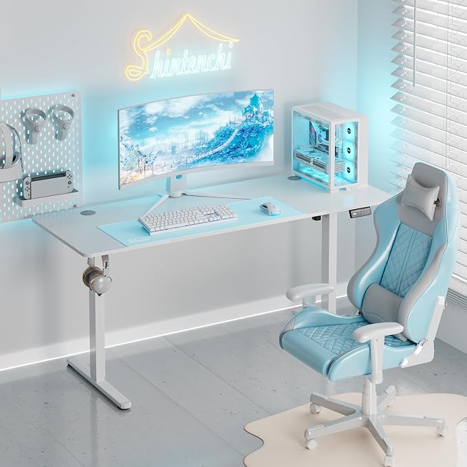 Shintenchi Standing Desk, 63x24 Inch Height Adjustable Electric Sit Stand up Desk, Ergonomic Rising Computer Table, Modern Lift Gaming Desk Workstation for Home Office, White
